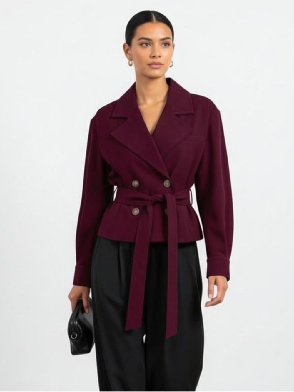 1643 • Dark Burgundy Double-Breasted Inverted Pleat Waist Belted Trench Jacket